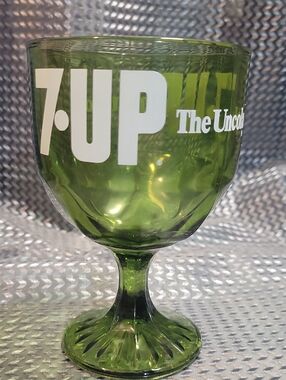 Vintage 70s 7 UP The Uncola Green Glass Stein Cup Goblet Retro Mug